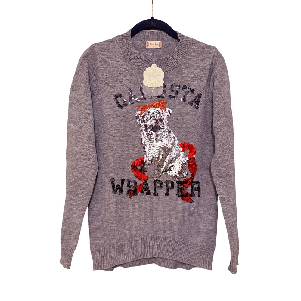 Alter'd State NWT Gray Sequin PUG Christmas Holiday Sweater Gangsta Wrapper Sm